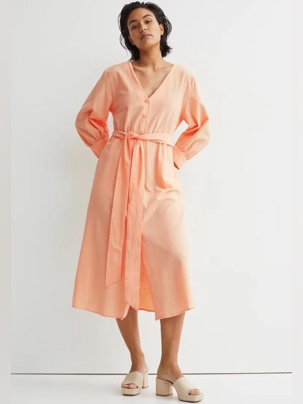 H&M, Tie-belt Button-Up Cotton Midi Peach Dress, size XS